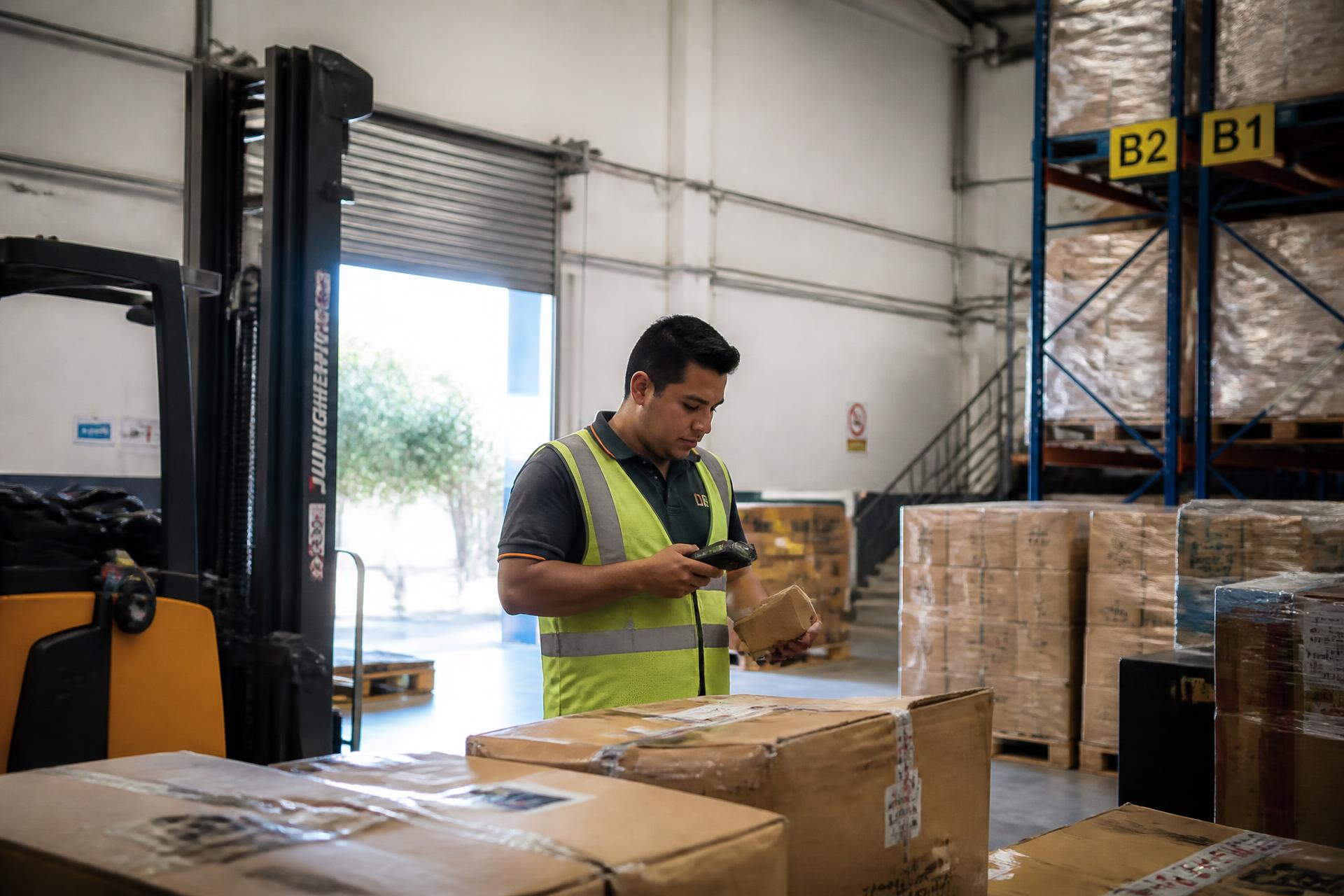 Trabajador escaneando mercadería en la bodega de una distribuidora chilena de tamaño mediano