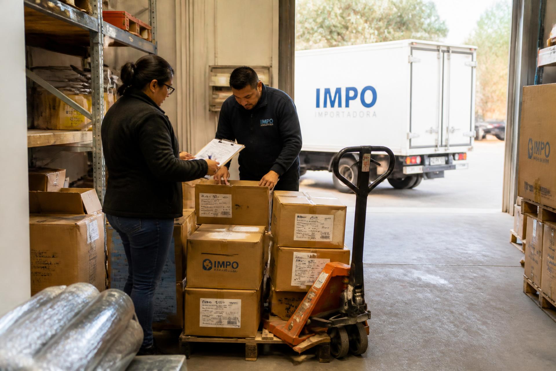 Recepción de mercadería en una importadora chilena: dos trabajadores revisan una guía junto a los pallets